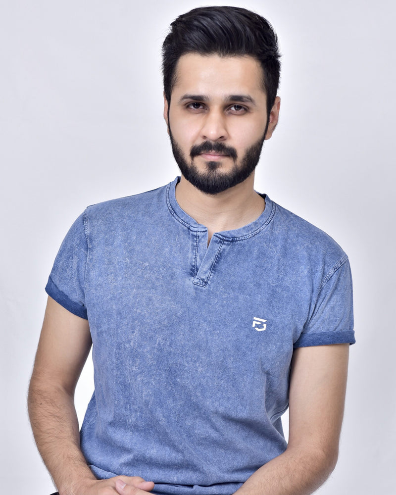 Vintage Wash Denim Effect Notch T-Shirt